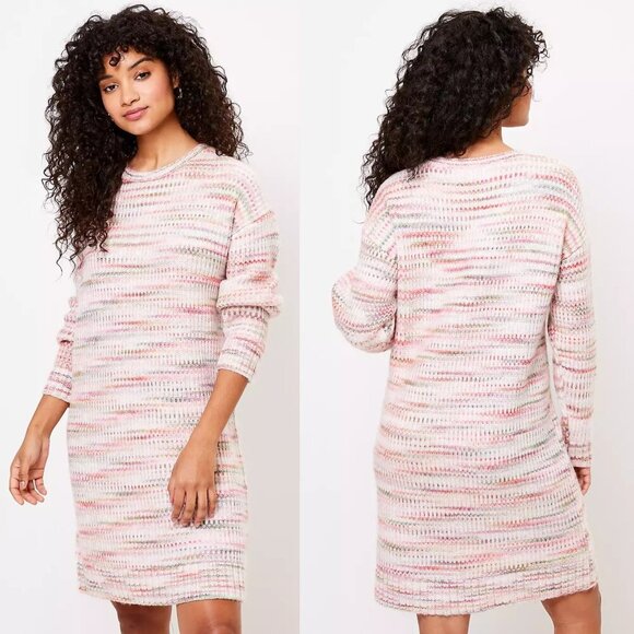 Loft Spacedye Pink Green Marled Knit Long Sleeve Sweater Dress - 35646 - Picture 1 of 13